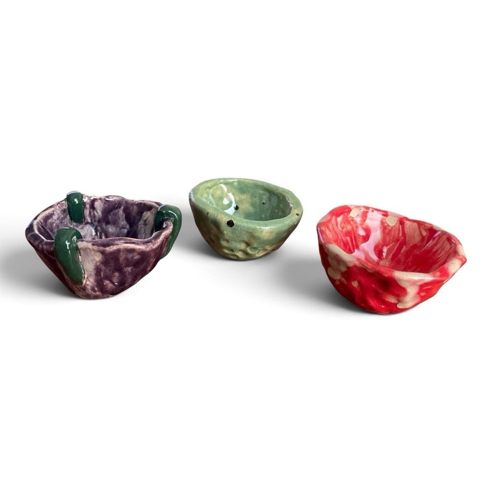 Handmade Pottery Set of 3 Rustic Ceramic Pinch Pots 2" Tall Vase New KS Artisan
